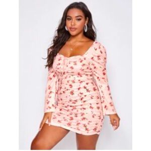 SHEIN Plus Tie Front Ruched Ditsy Floral Print Dress